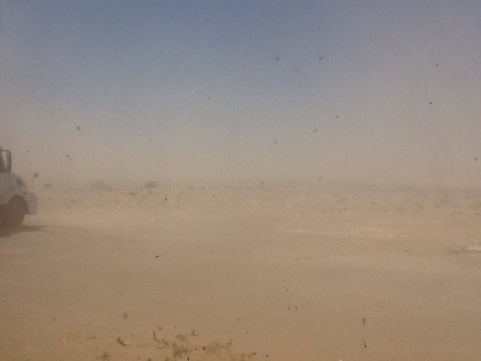 Sand storm on Vizcaino Plain near Guerrero Negro, Baja California Sur cuts visibility to almost zero.