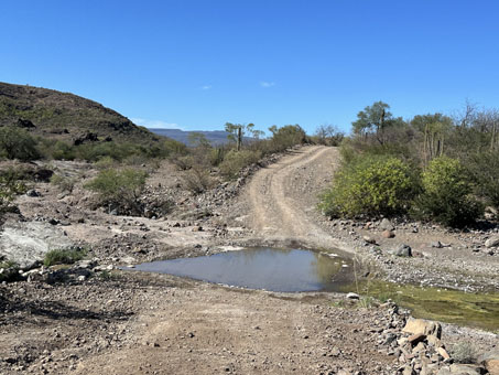 agua en el arroyo que cruza el camino